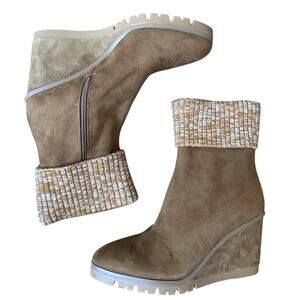 Donald Pliner Sindie Knit Cuff Suede Wedge Booties
